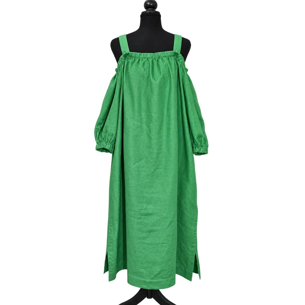 Chico's 100% Linen Cold Shoulder Puff Sleeve Midi Dress Women XL Green